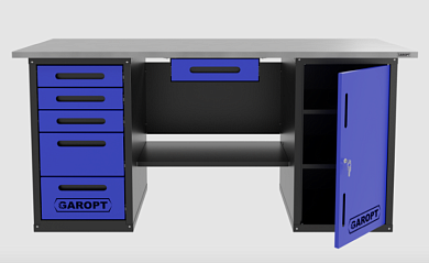 Верстак с ящиком двухтумбовый дверь/5 ящиков, синий 1800*700 Garopt, GT1800DY1Y5.blue