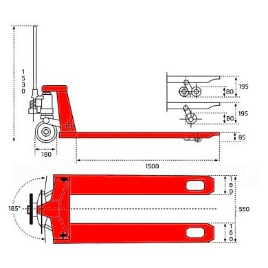 Гидравлическая тележка RAKUDA CP 25 LONG 1500 , 2500 кг, 1500*550, колёса п/у, ролики п/у (VILS)