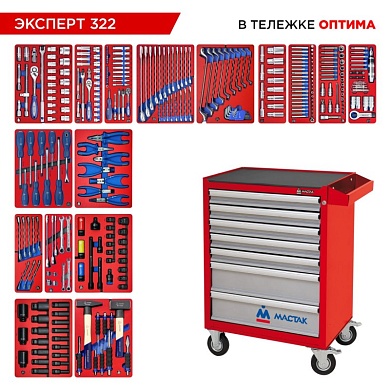 Набор инструментов 323 предмета, "ЭКСПЕРТ 322", в красной тележке МАСТАК 52-07322R